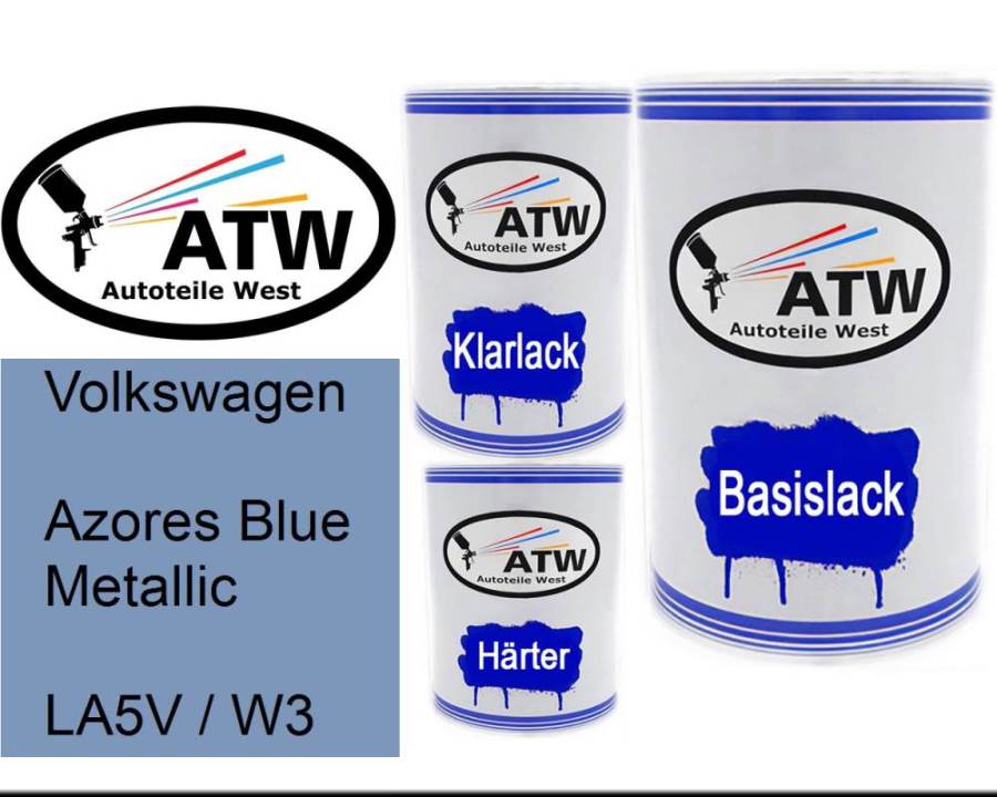 Volkswagen, Azores Blue Metallic, LA5V / W3: 500ml Lackdose + 500ml Klarlack + 250ml Härter - Set, von ATW Autoteile West.